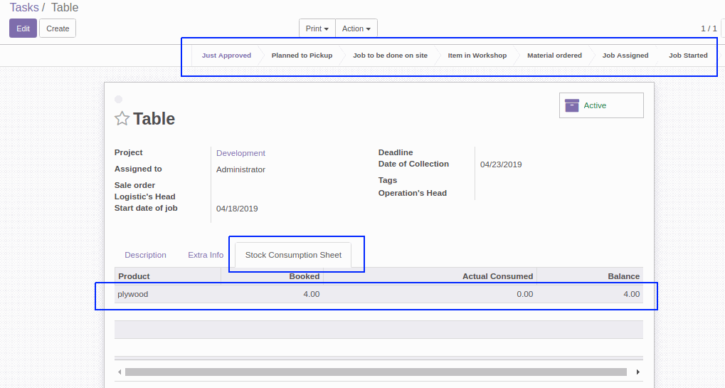 Manage stock from the task