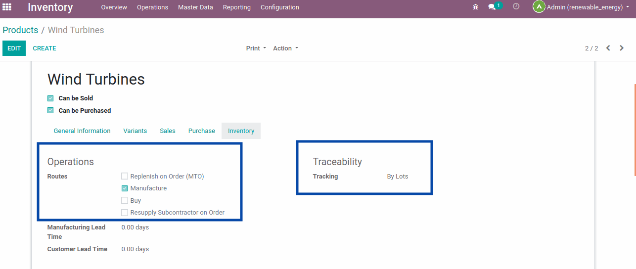Routes and Traceability of Products Replenish on order (MTO): If you don’t keep stock of your products, you may need to trigger purchase orders on each sale / Manufacture order you make. For this, you need to set “Replenish on order (MTO)” route  Manufacture: If you want to manufacture any product it needs to set a “Manufacture” route in the product.  Buy: If you buy the product from the vendor so, need to set the “BUY” route in product  Resupply subcontractor on order: You can also deliver the components to your subcontractors each time you order a subcontracted product. For this, you need to tick the route “Resupply subcontractor on order” on the wanted components.