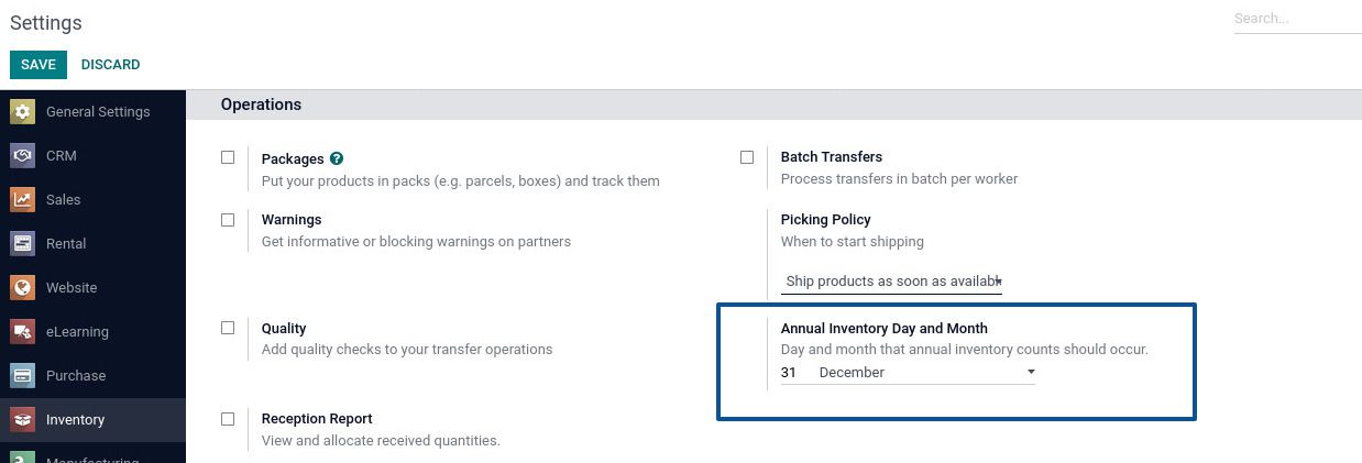 The inventory contains a number of products and commodities. As a result, it should be maintained and managed because if there is a probability of large orders and deliveries at a company and if that particular product is inefficient at the mon=ment of delivery, this can cause problems and affect the company's business. To overcome these kinds of problems, a proper product maintenance and management system is required. So that, the keeping track of inventory and updating product stock can become easier and simpler.  The every each sector has a variety of products. And it's counting or managing them all manually could be a very complex process. Sometimes, there can be an inconsistency between the counted quantity and the number of quantity on hand at the time. And in order to maintain or handle products and stocks properly, it is once in a while necessary to make stock modifications. The inappropriate or improper stock adjustments could impact inventory stock balancing. So, the Odoo can help you in completing such a process.  So let's get started,  Click on Inventory Module  Settings  Annual Inventory Day and Month. You can select a particular month and a specific date within that month for the inventory adjustments.