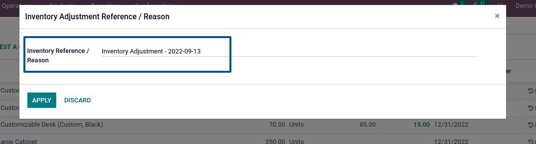 When the user clicks on the "Apply" button a little dialog box will appears where the Inventory reference and Reason will be auto-entered. Then the modifications are applied and the Counted Quantity of multi-process was then updated with a single click.
